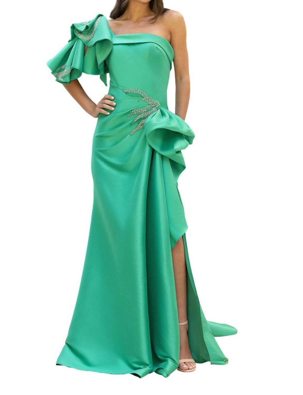 NEW TERANI COUTURE ruffled wrap gown in emerald